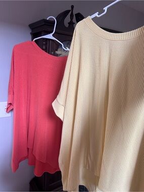 Women's Ribbed Tunic Top - Coral and Pale Yellow